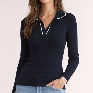 Elie Tahari Navy Long-Sleeve Polo Sweater with White Trim collar. Soft stretchy.